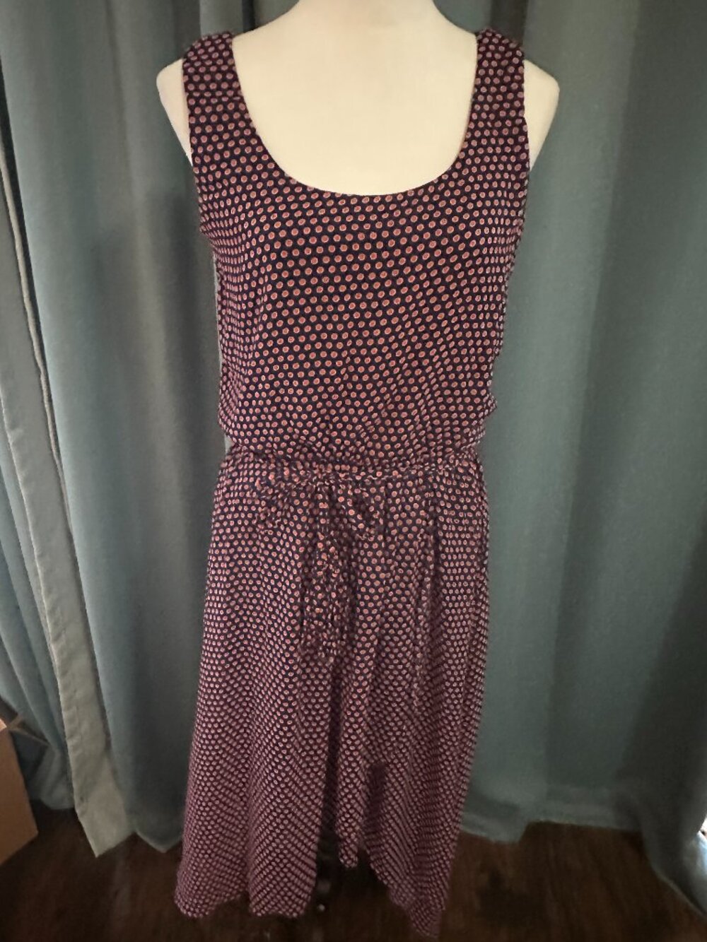 JBS Women's Size 8 Navy Orange Polka Dot Chiffon Midi Dress Sleeveless Tie Waist